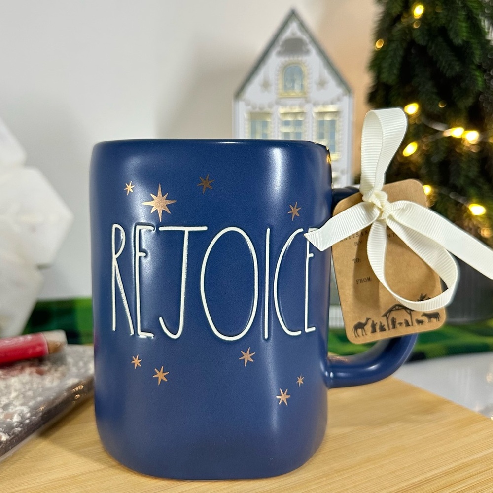 New Rae Dunn REJOICE Christmas Mug in blue